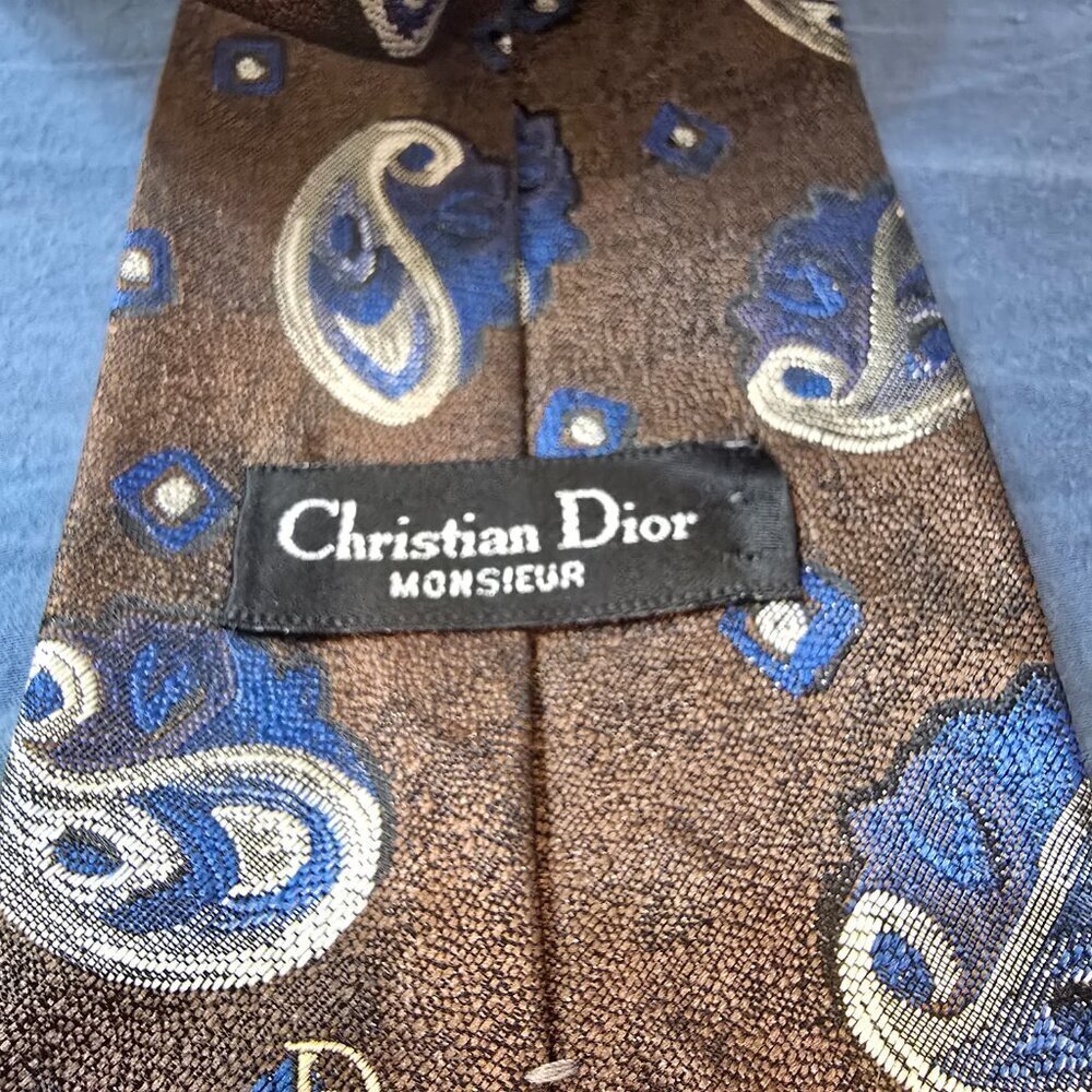 Vintage Christian Dior Monsieur Tie - Brown, Navy, and Silver Paisley Peacock - Picture 5 of 5